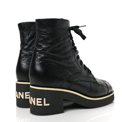 Chanel Shiny Crumpled Lambskin Lace Up Combat Boots 38 Black 4 of 9