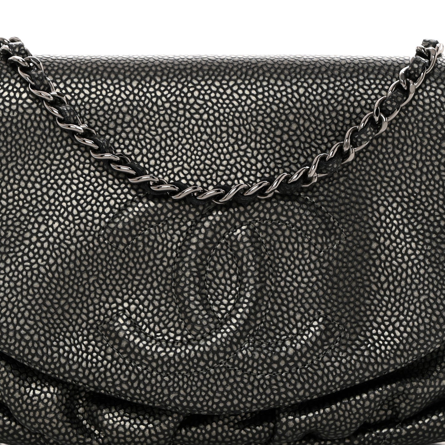 Metallic Caviar Half Moon Wallet On Chain WOC Dark Silver
