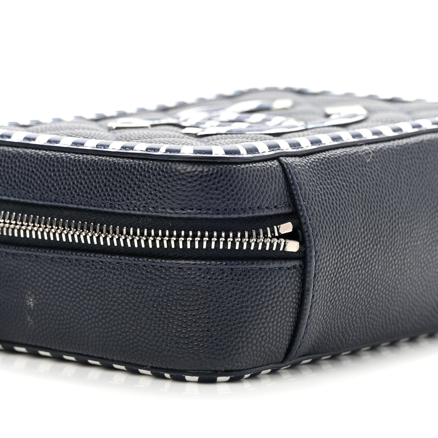 Caviar Quilted Striped Filigree Vanity Clutch With Chain Navy White