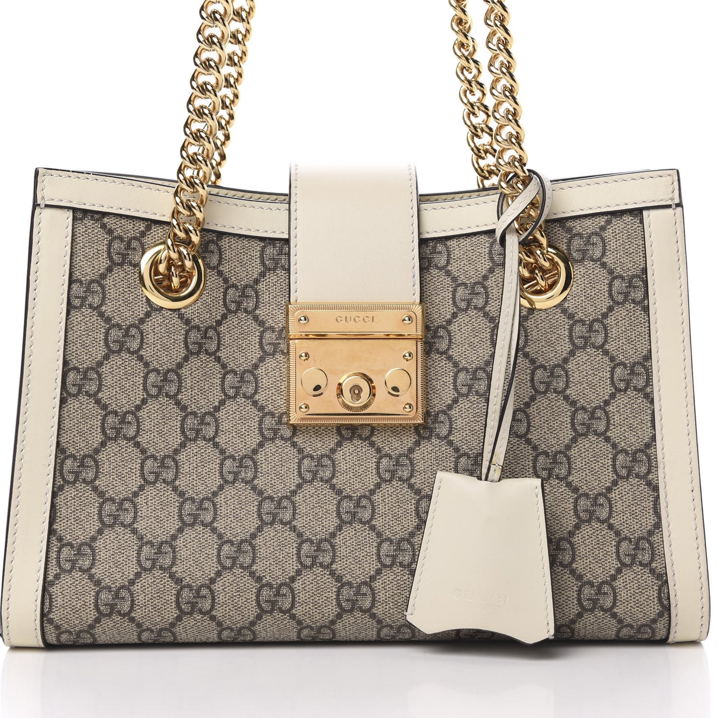 GG Supreme Monogram Moon Calfskin Small Padlock Tote Beige Ebony Mystic White