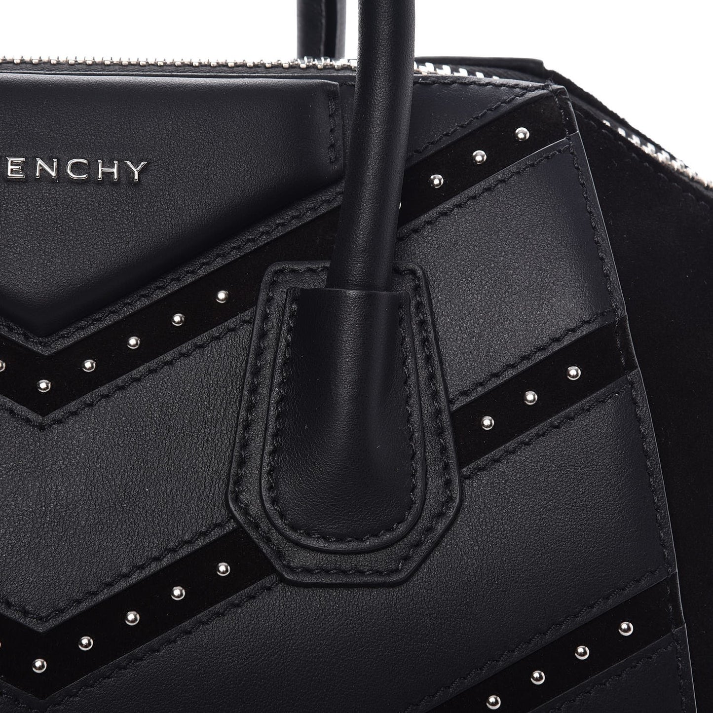 Calfskin Suede Small Studded Chevron Antigona Black