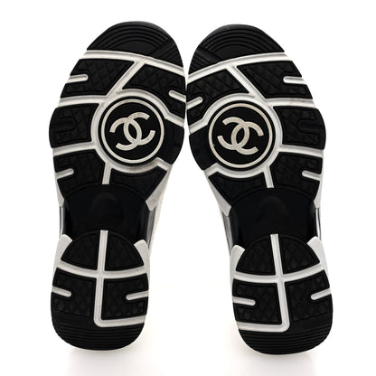 Chanel Mesh Suede Calfskin Grained Calfskin Womens CC Sneakers 38.5 White Black 4 of 8