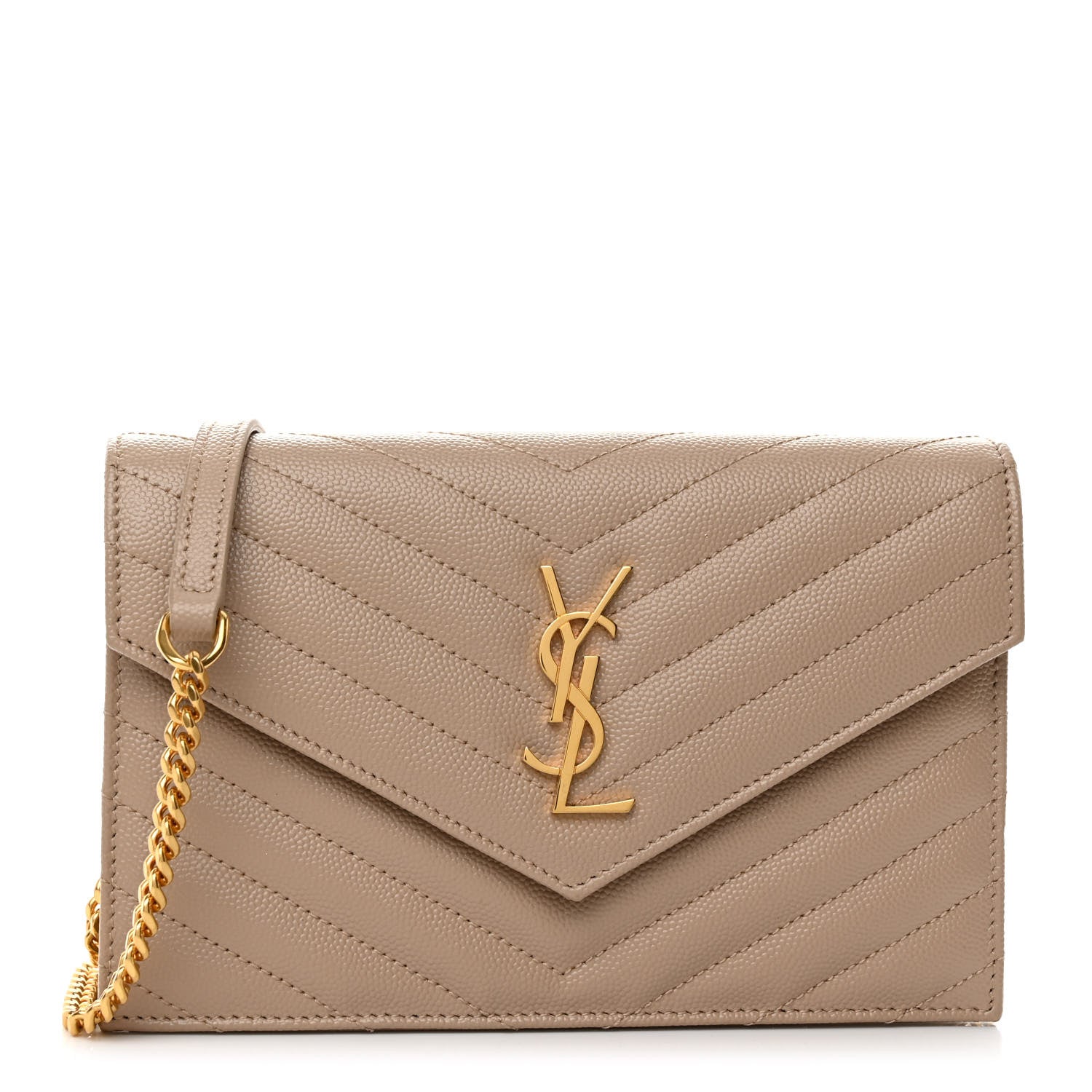 Saint Laurent Grain De Poudre Matelasse Chevron Monogram Envelope Chain Wallet Dark Beige 1 of 10