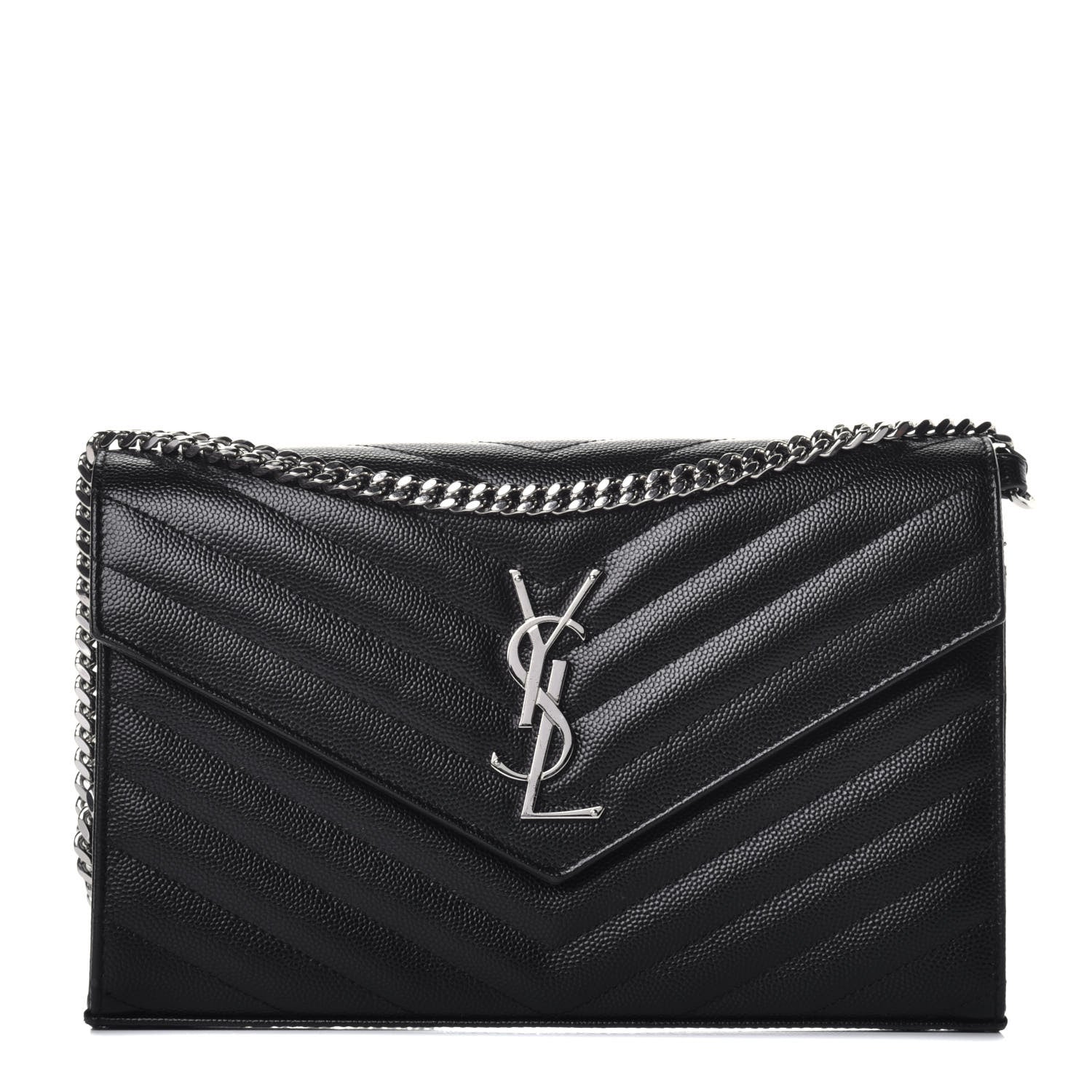 Saint Laurent Grain De Poudre Matelasse Chevron Monogram Chain Wallet Black 1 of 8