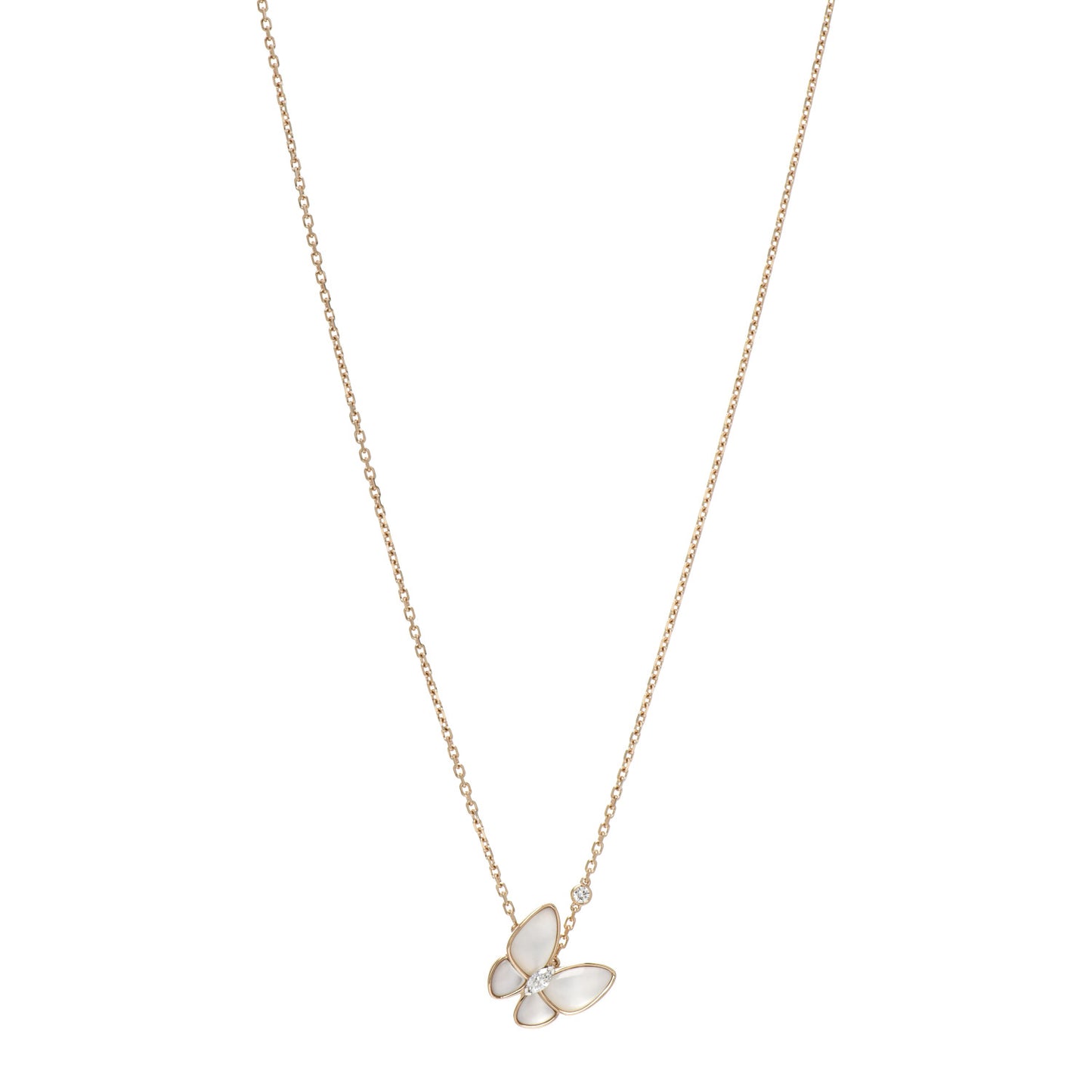 18K Rose Gold Diamond Mother of Pearl Two Butterfly Pendant Necklace