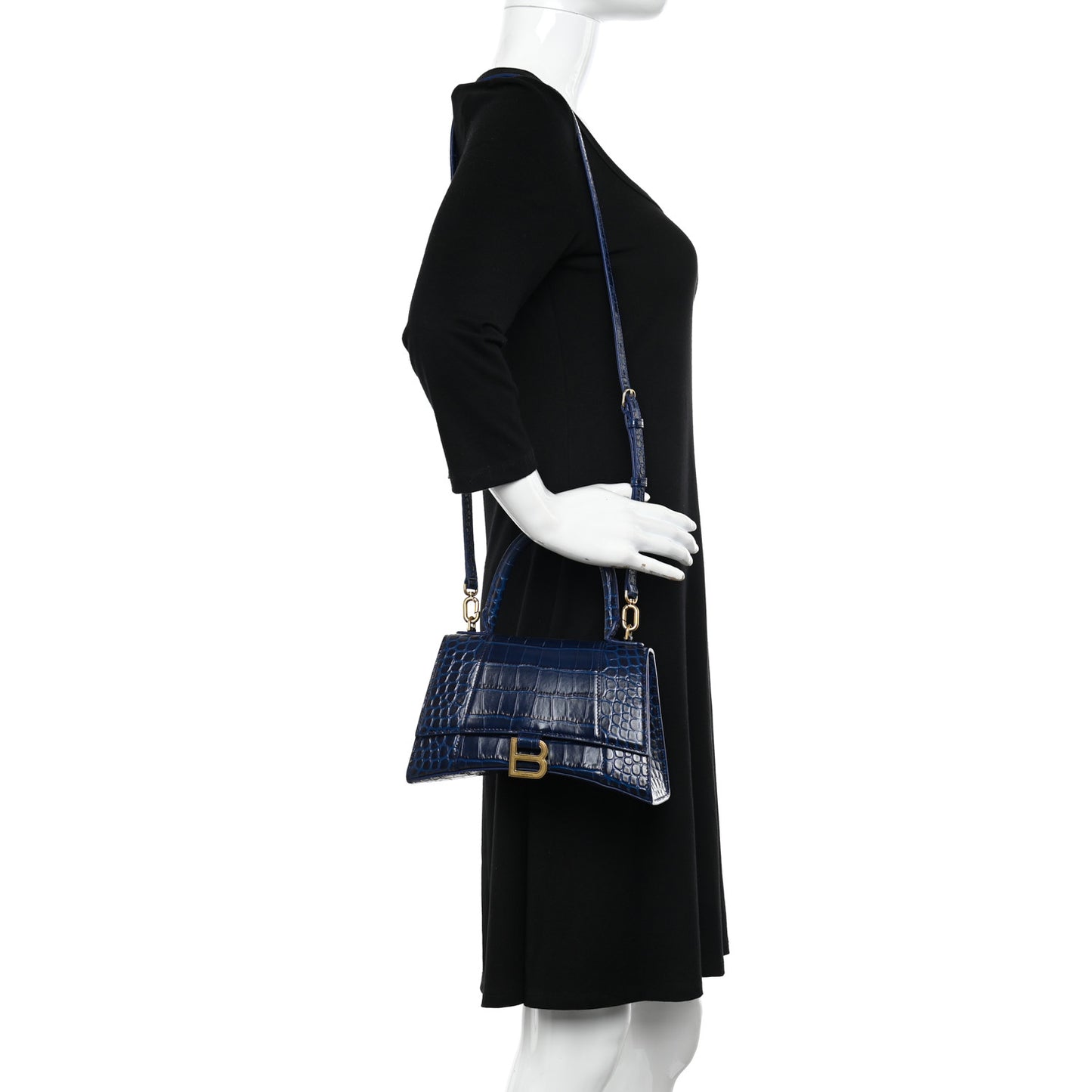 Shiny Calfskin Crocodile Embossed Small Hourglass Top Handle Bag Navy