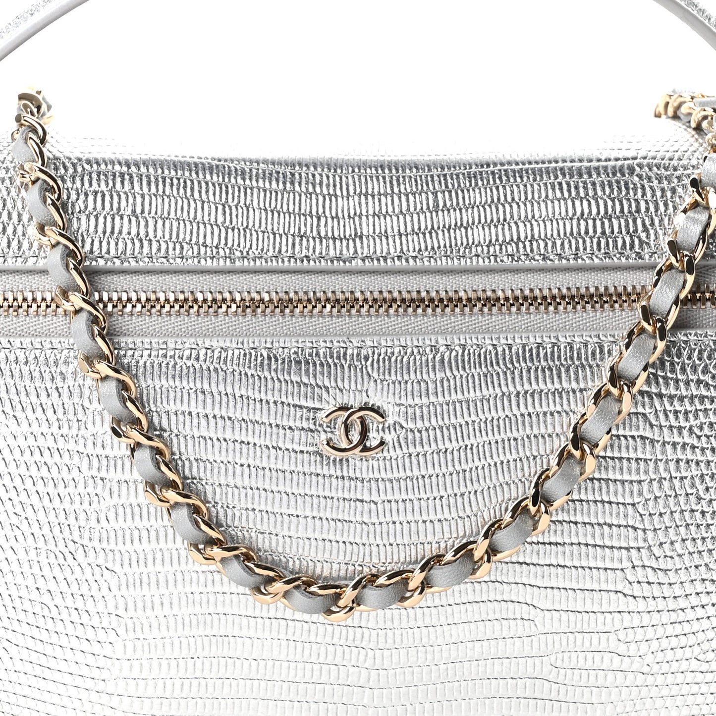 Lizard Embossed Top Handle Slim Vanity With Chain Silver