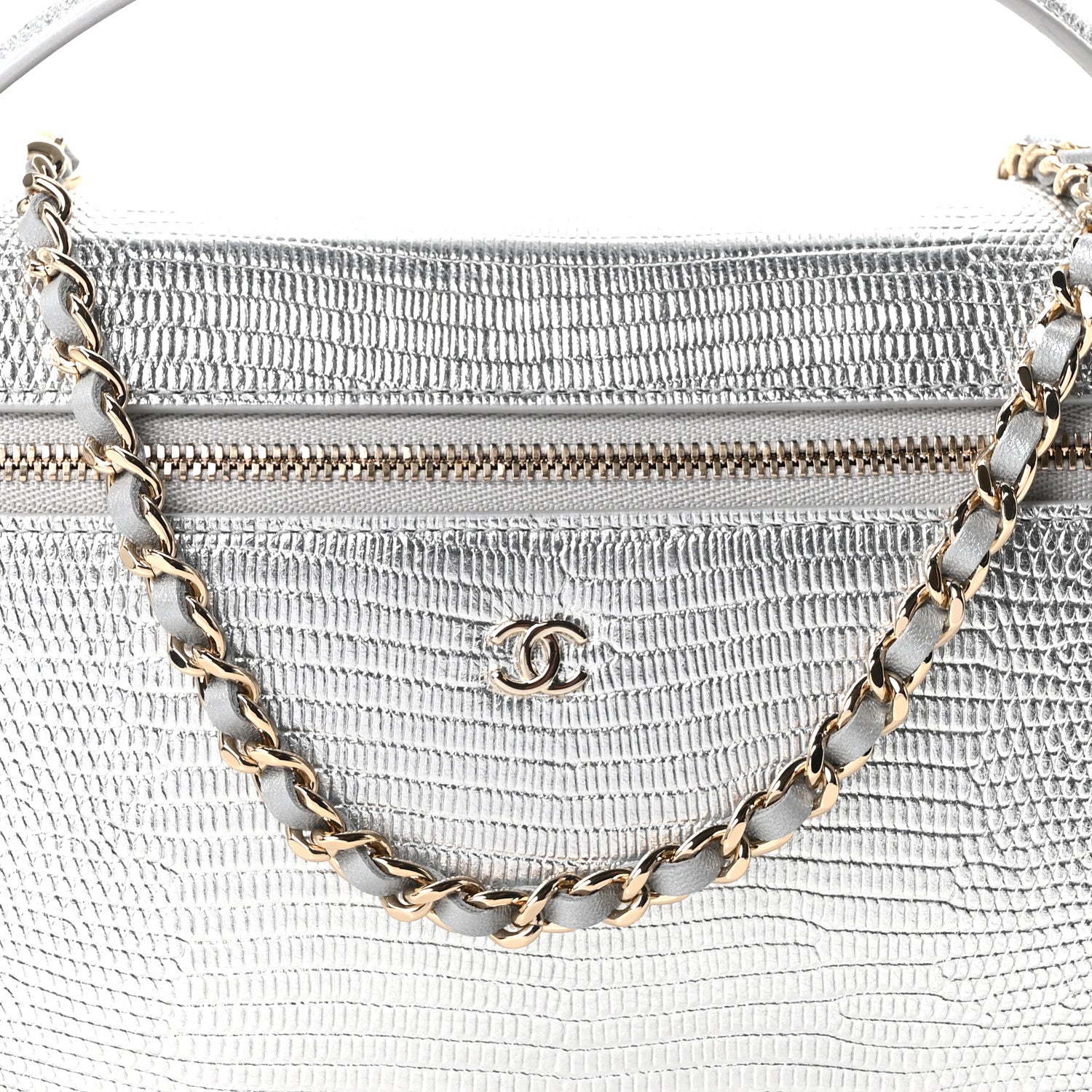 Chanel Lizard Embossed Top Handle Slim Vanity With Chain Silver 8 of 10