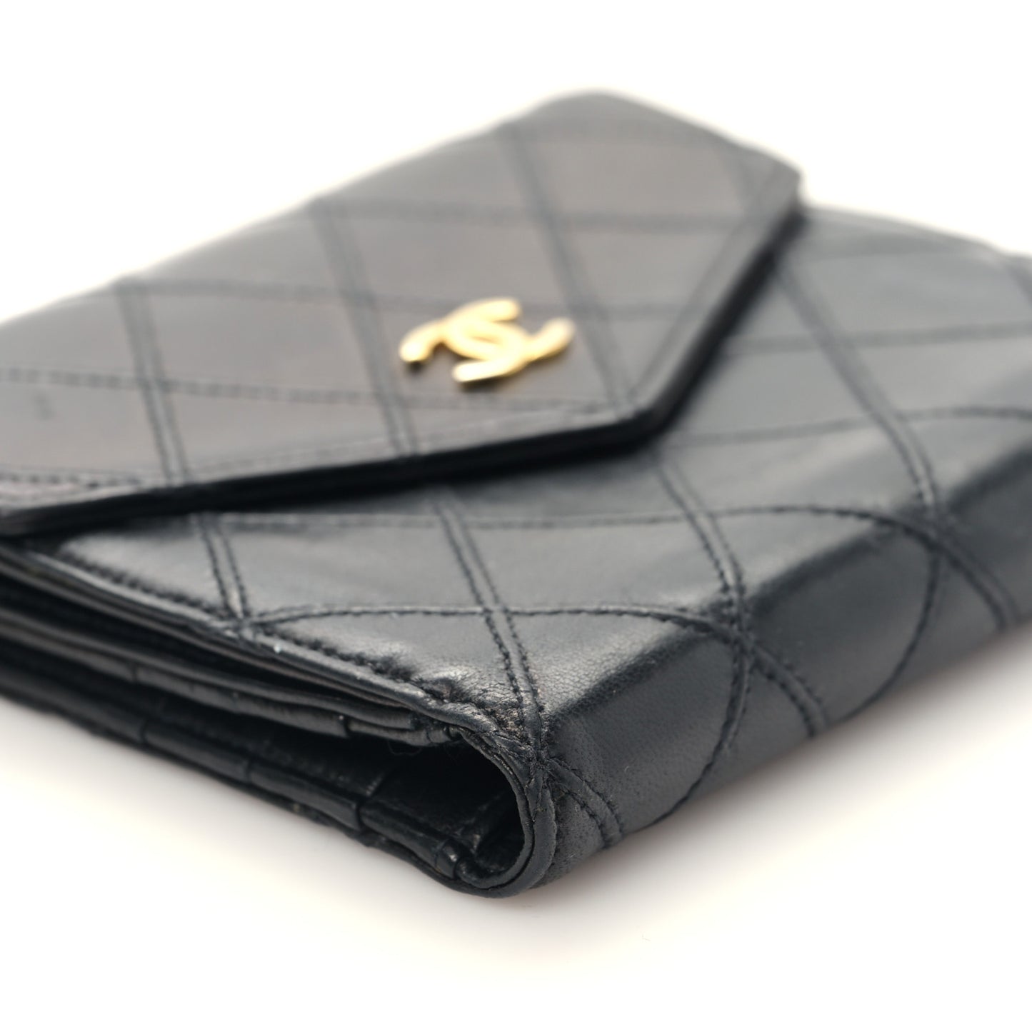 Calfskin Diamond Stitched Compact Wallet Black