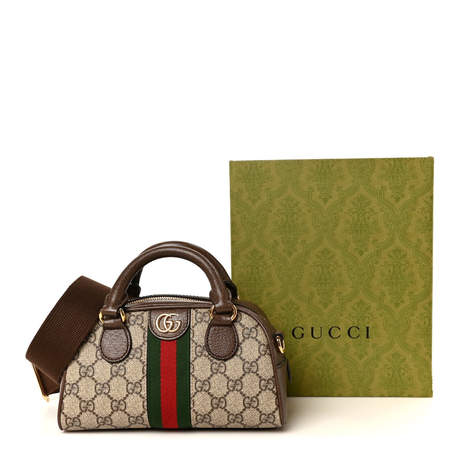 Gucci GG Supreme Monogram Textured Dollar Calfskin Web Mini Ophidia Top Handle Bowler Bag Beige Ebony New Acero 11 of 11