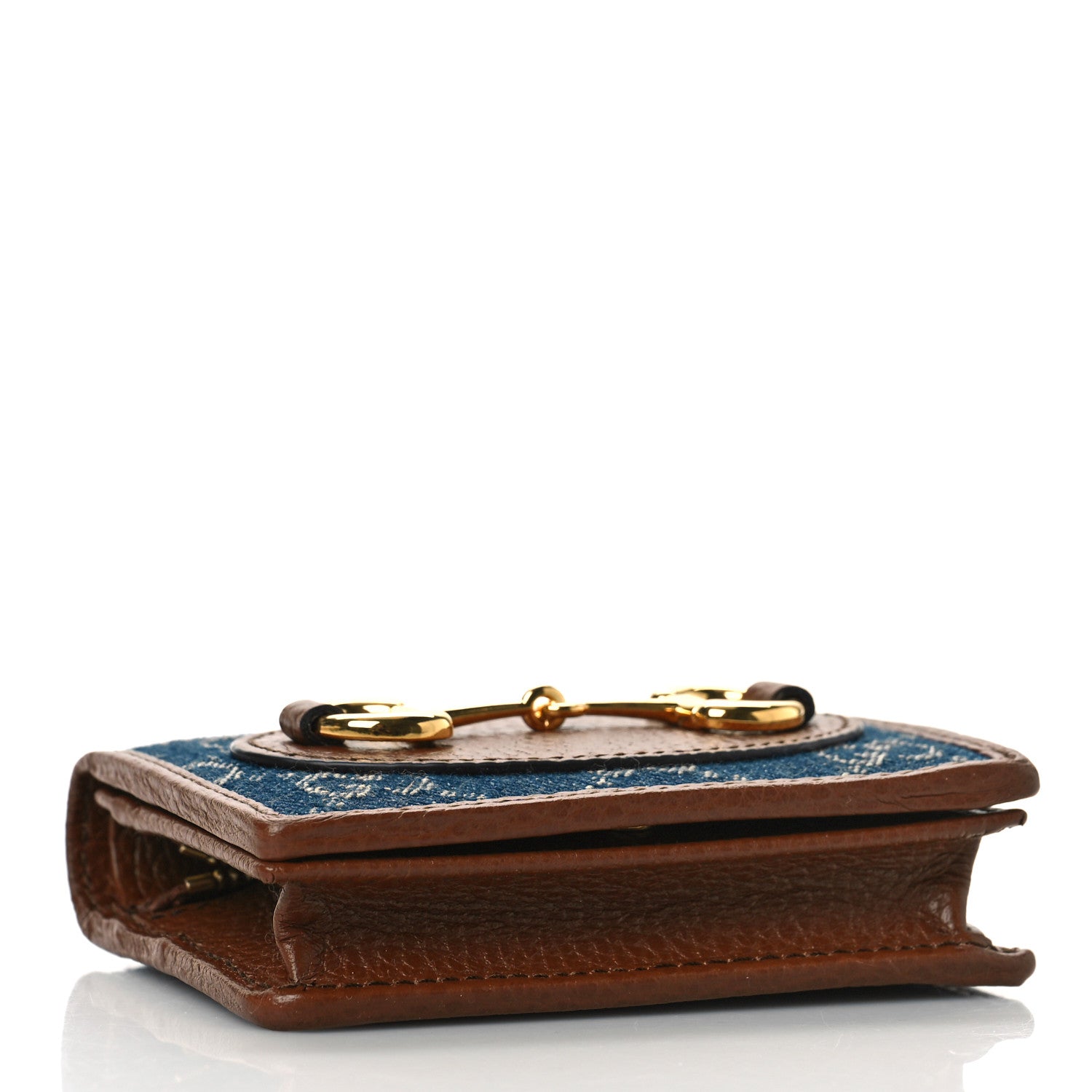 Gucci New Denim GG Monogram Dollar Calfskin Horsebit 1955 Card Case Wallet Blue Tea Cuir Epilog 4 of 9