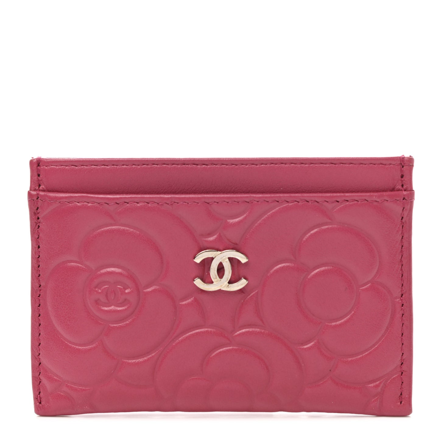 Lambskin Camellia Embossed Card Holder Fuchsia