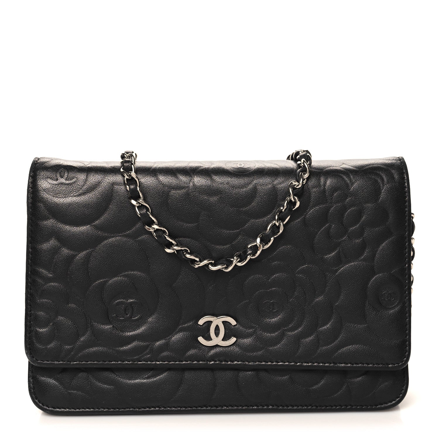Chanel Lambskin Camellia Embossed Wallet On Chain WOC Black 1 of 13