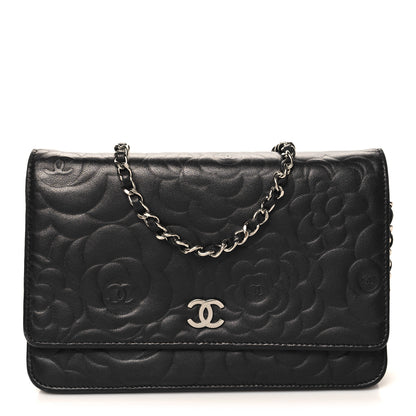 Chanel Lambskin Camellia Embossed Wallet On Chain WOC Black 1 of 13