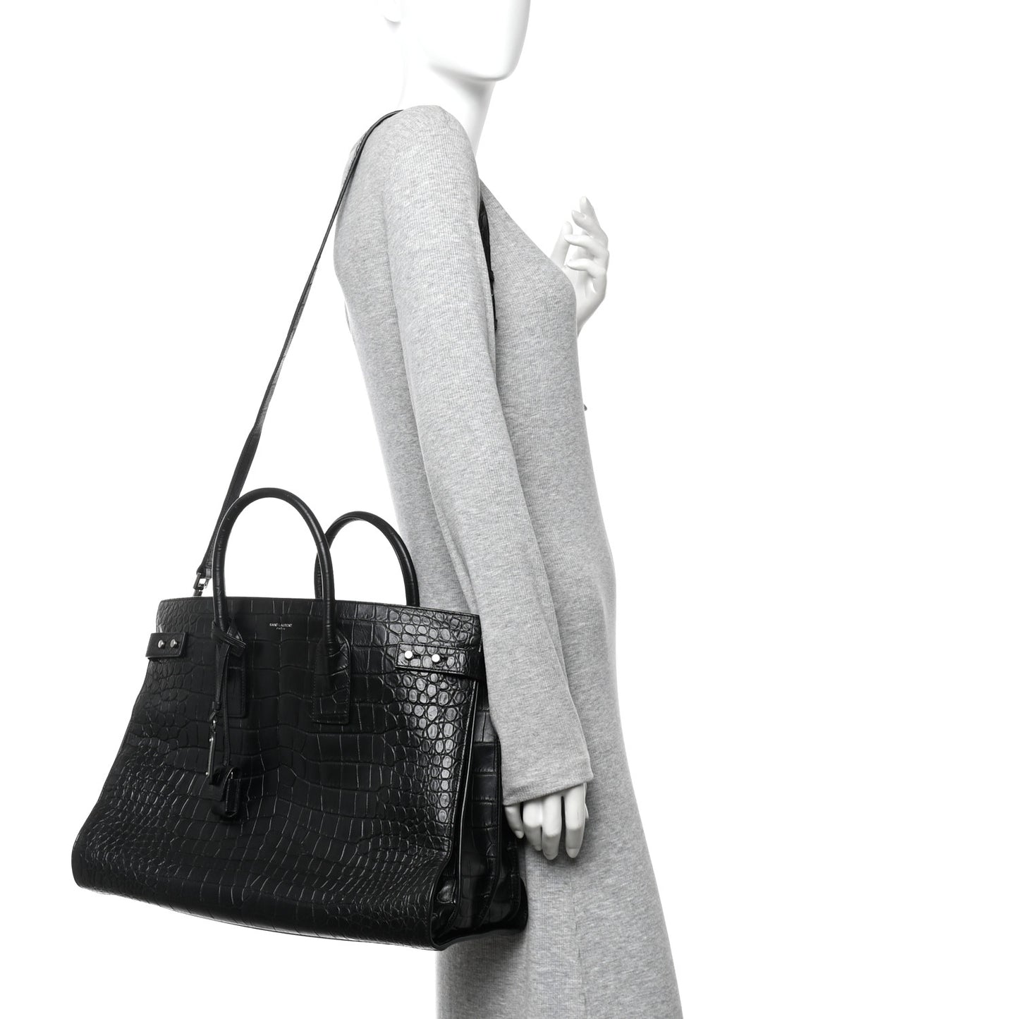Calfskin Crocodile Embossed Large Souple Sac De Jour Black