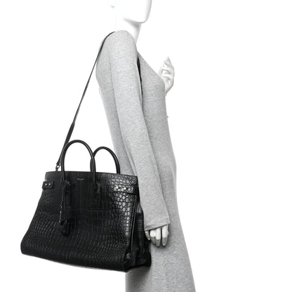 Saint Laurent Calfskin Crocodile Embossed Large Souple Sac De Jour Black 2 of 10