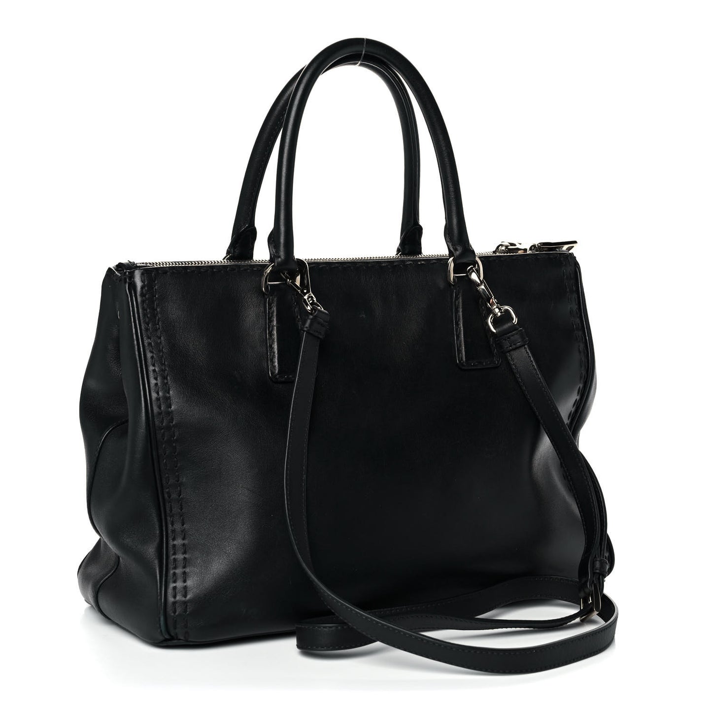 City Calf Hand Stitched Medium Galleria Double Zip Tote Black