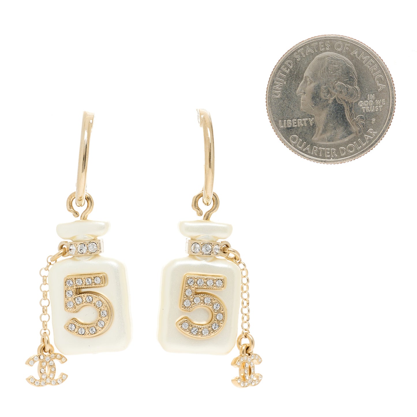 Pearl Resin Crystal CC No 5 Perfume Bottle Hoop Drop Earrings Gold Pearly White