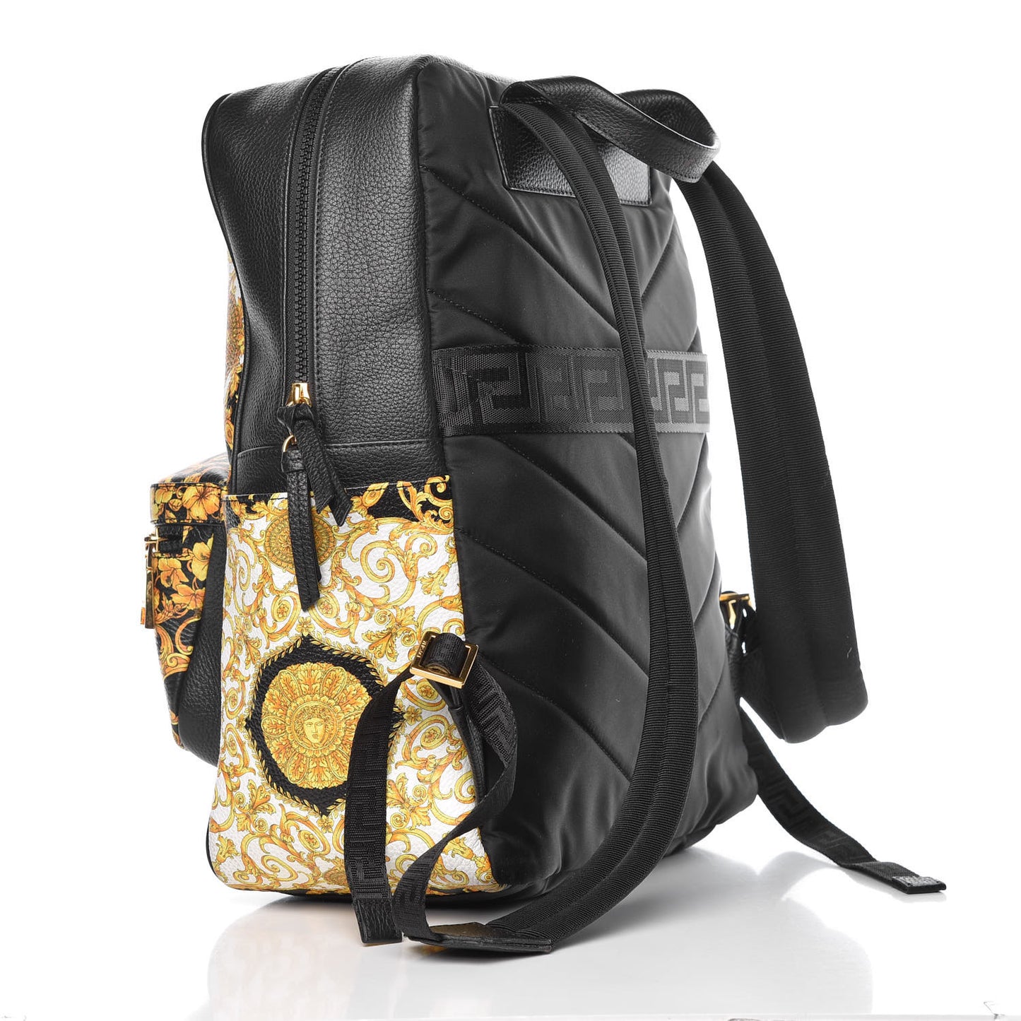 Calfskin Baroque Print Backpack Black Gold Hibiscus