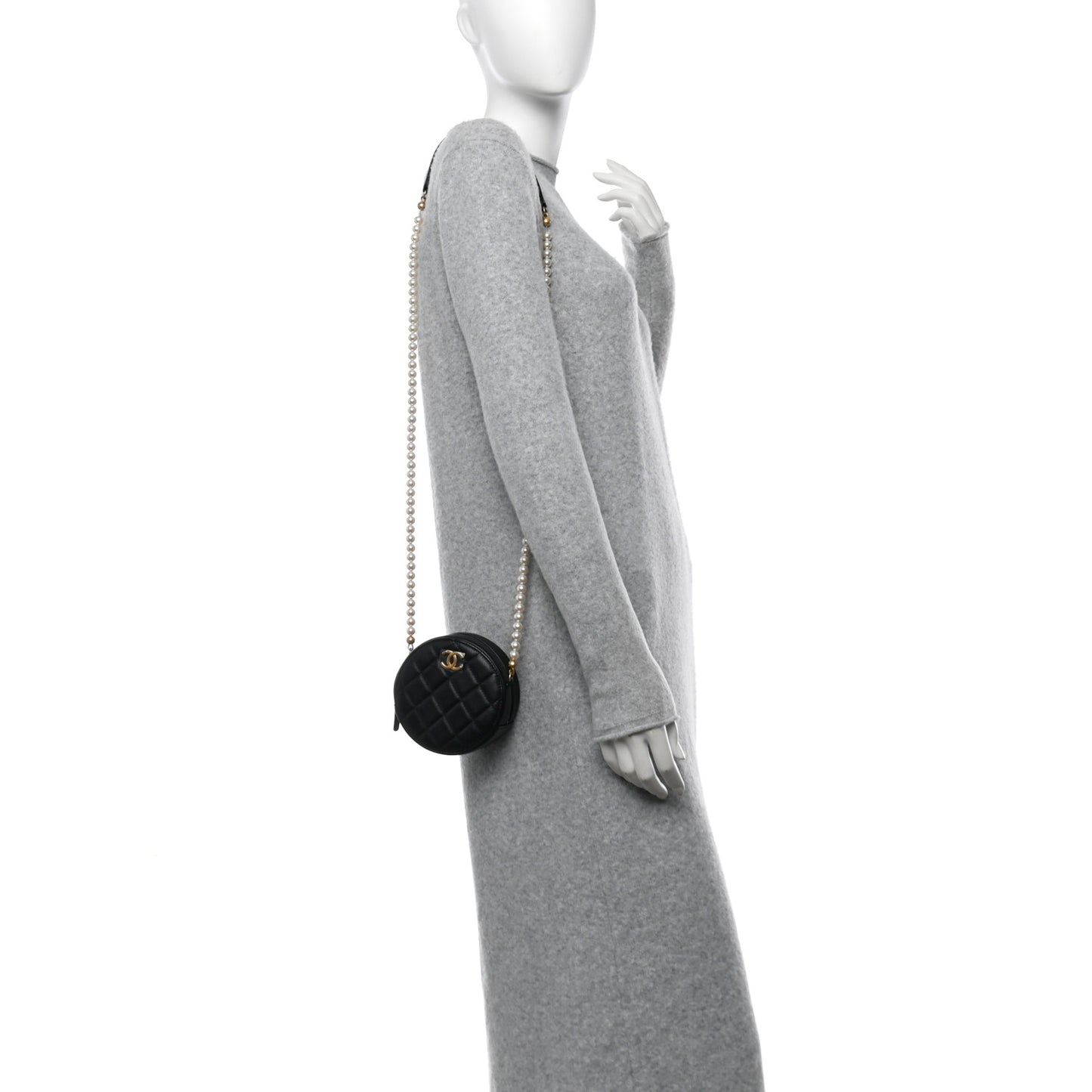 Lambskin Quilted Pearl Chain Round Clutch With Chain Black