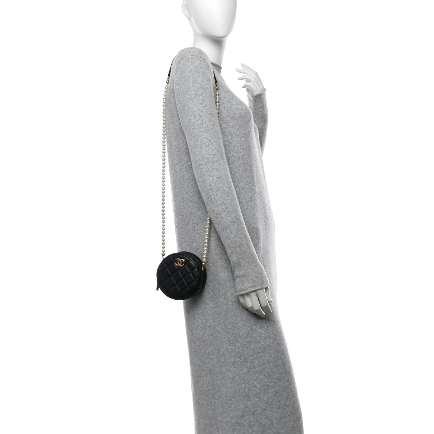 Chanel Lambskin Quilted Pearl Chain Round Clutch With Chain Black 2 of 14