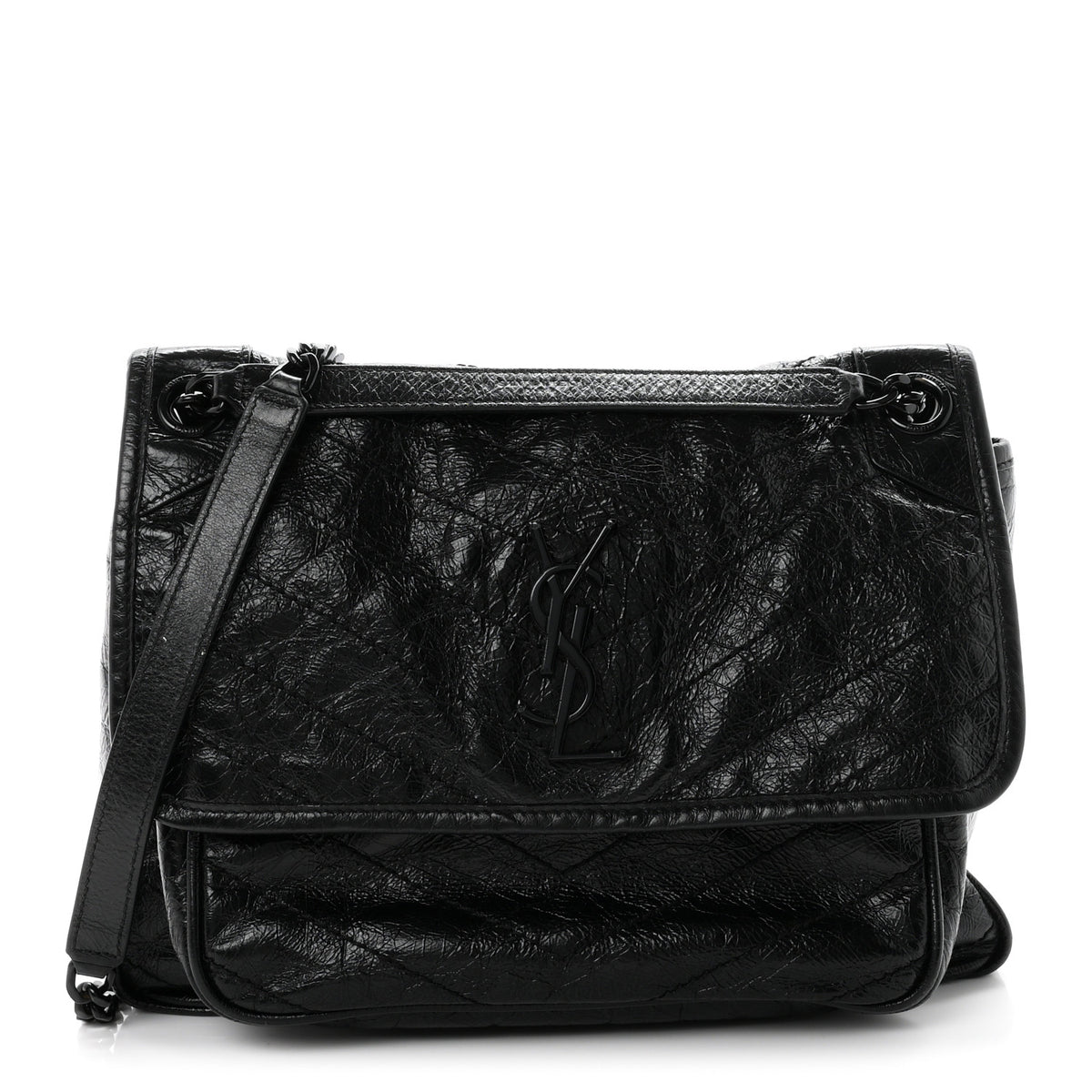 Crinkled Calfskin Matelasse Monogram Medium Niki Chain Satchel Black
