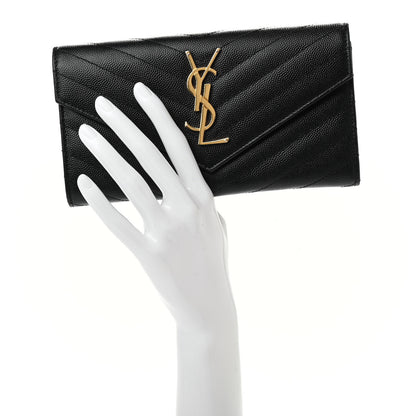Saint Laurent Grain De Poudre Matelasse Chevron Monogram Flap Wallet Black 2 of 7