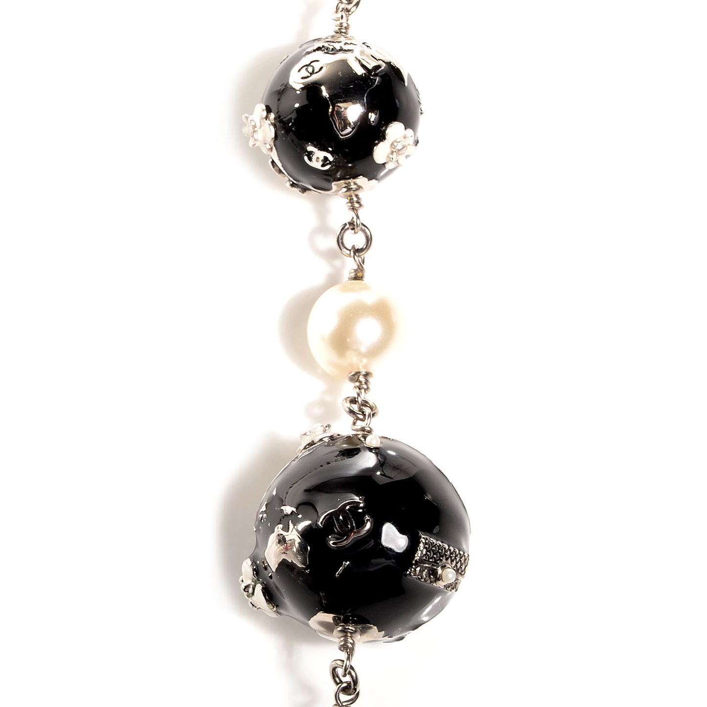 Beaded Globe Pearl CC Long Necklace Silver