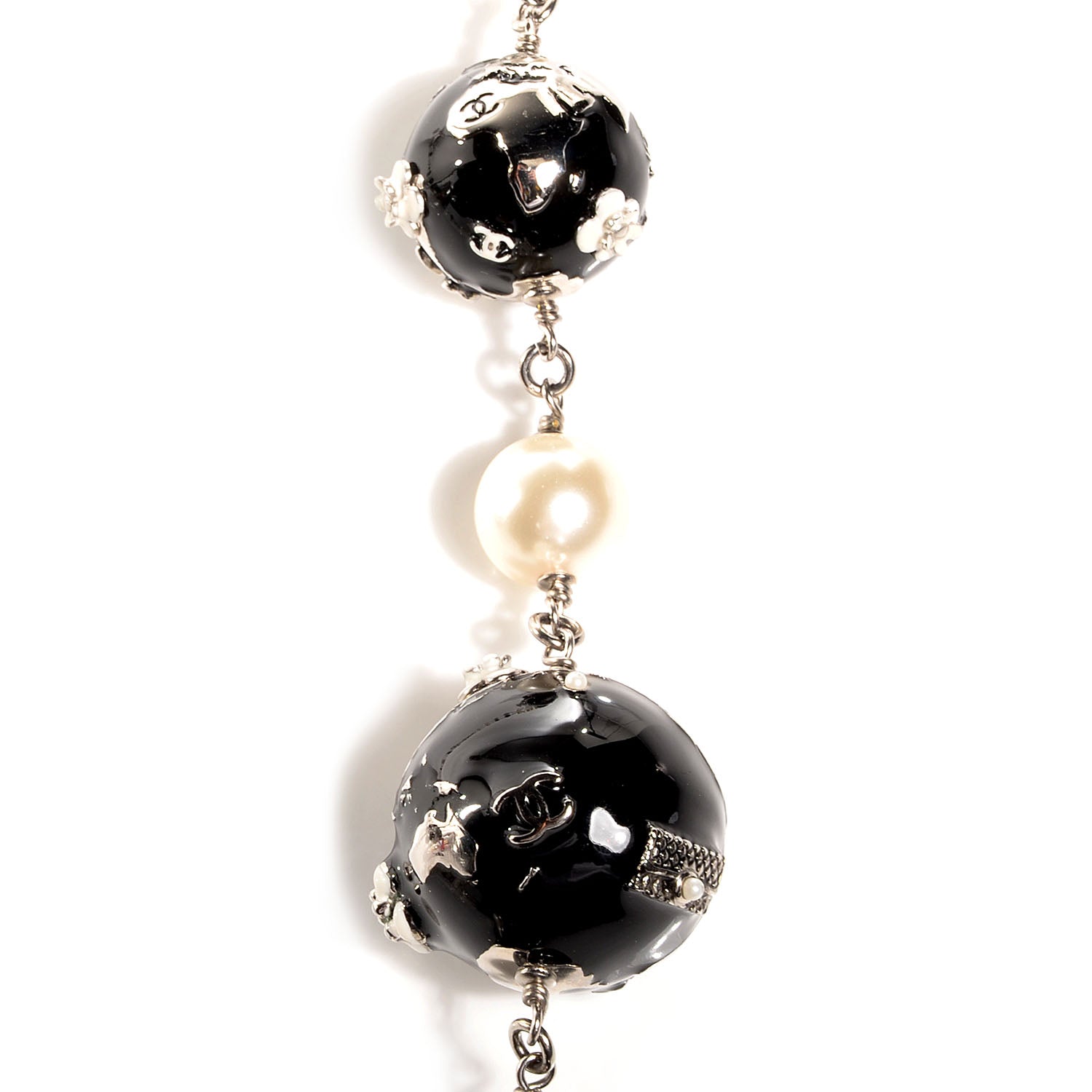 Chanel Beaded Globe Pearl CC Long Necklace Silver 4 of 6