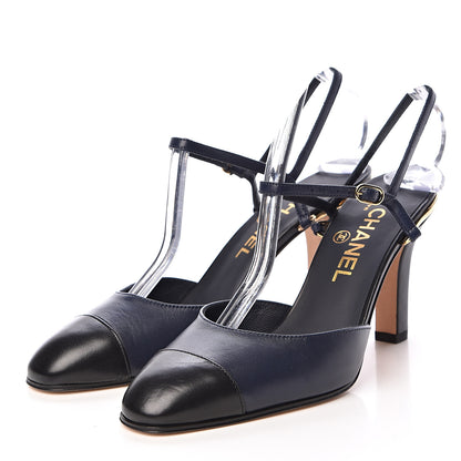 Chanel Lambskin Cap Toe CC Ankle Strap Pumps 37 Navy Black 3 of 13