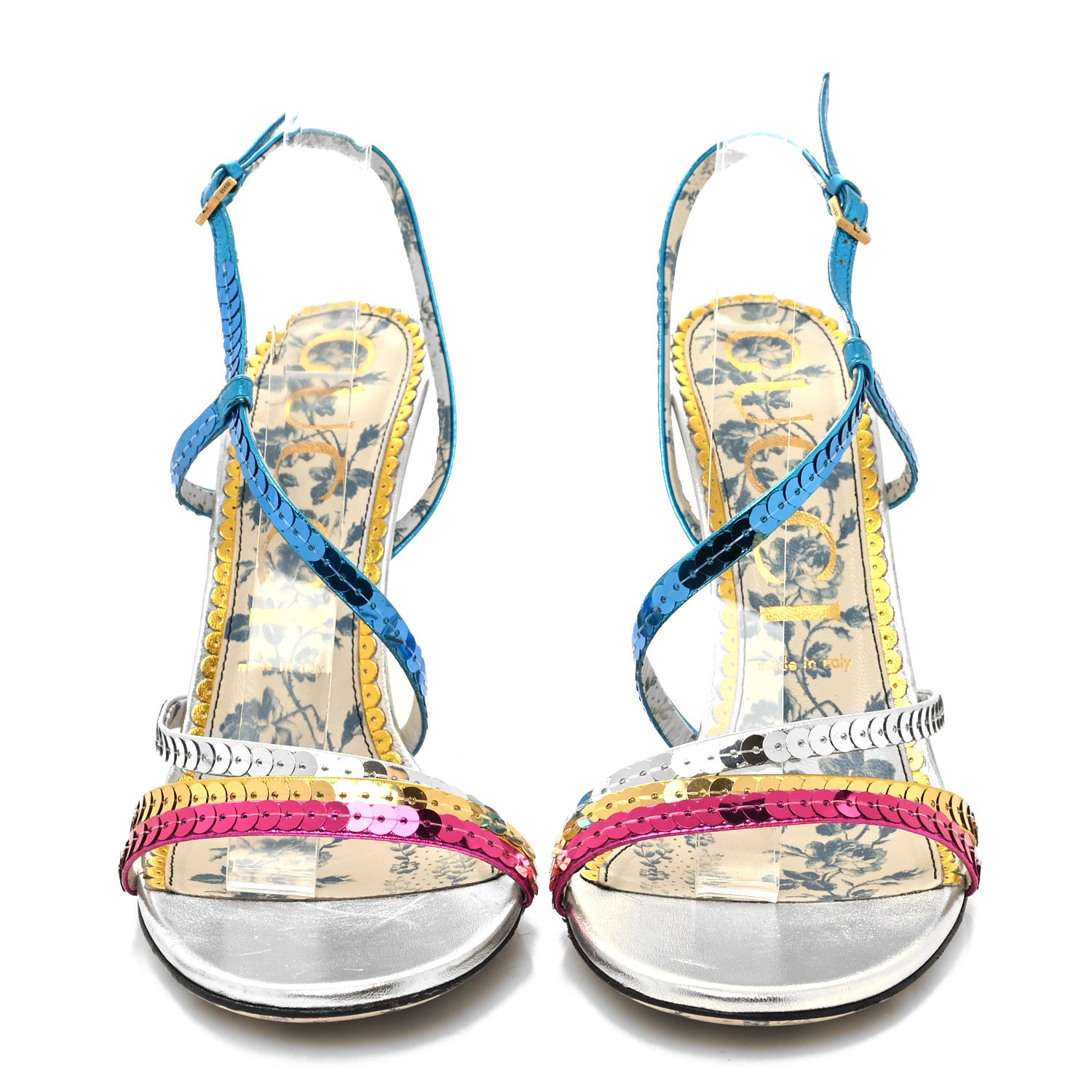 Gucci Sequin Paillette Nappa Silk Braided Haines High Heel Sandals 40 Fuxia Oro Vecchio Argento 2 of 9
