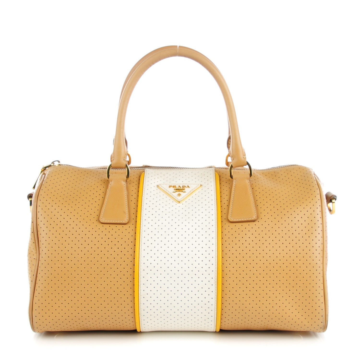 Prada Perforated Saffiano Fori Striped Boston Cuoio Mimosa 1 of 10