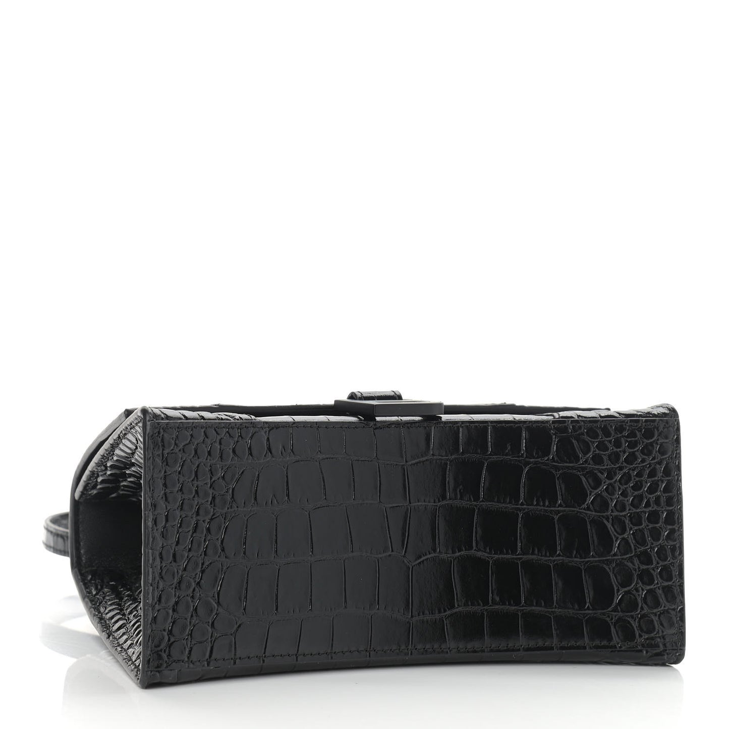 Shiny Calfskin Monochrome Crocodile Embossed Small Hourglass Top Handle Bag Black