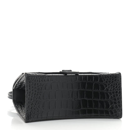 Balenciaga Shiny Calfskin Monochrome Crocodile Embossed Small Hourglass Top Handle Bag Black 4 of 8