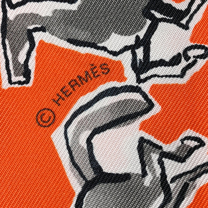 Hermes Silk Chevaux En Liberte Twilly Orange Gris Argent 3 of 4