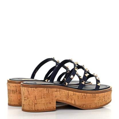 Valentino Garavani Calfskin Cork Rockstud Caged 30/50mm Platform Sandals 36.5 Marine 4 of 9