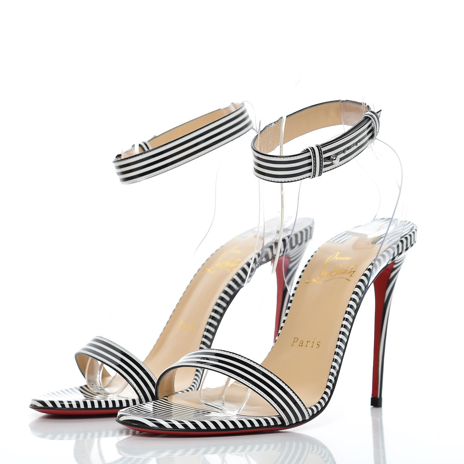 Christian Louboutin Patent PVC Striped Illusion Jonatina 100 Sandals 37.5 Black White 4 of 9