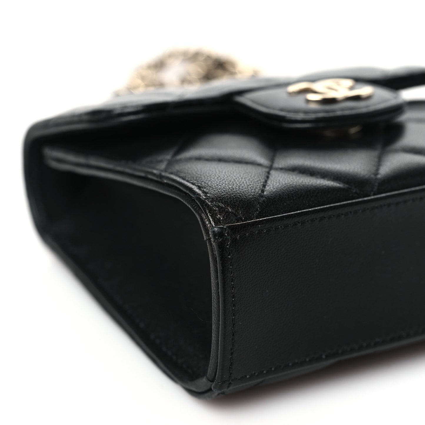 Lambskin Quilted Top Handle Flap Clutch With Chain Black