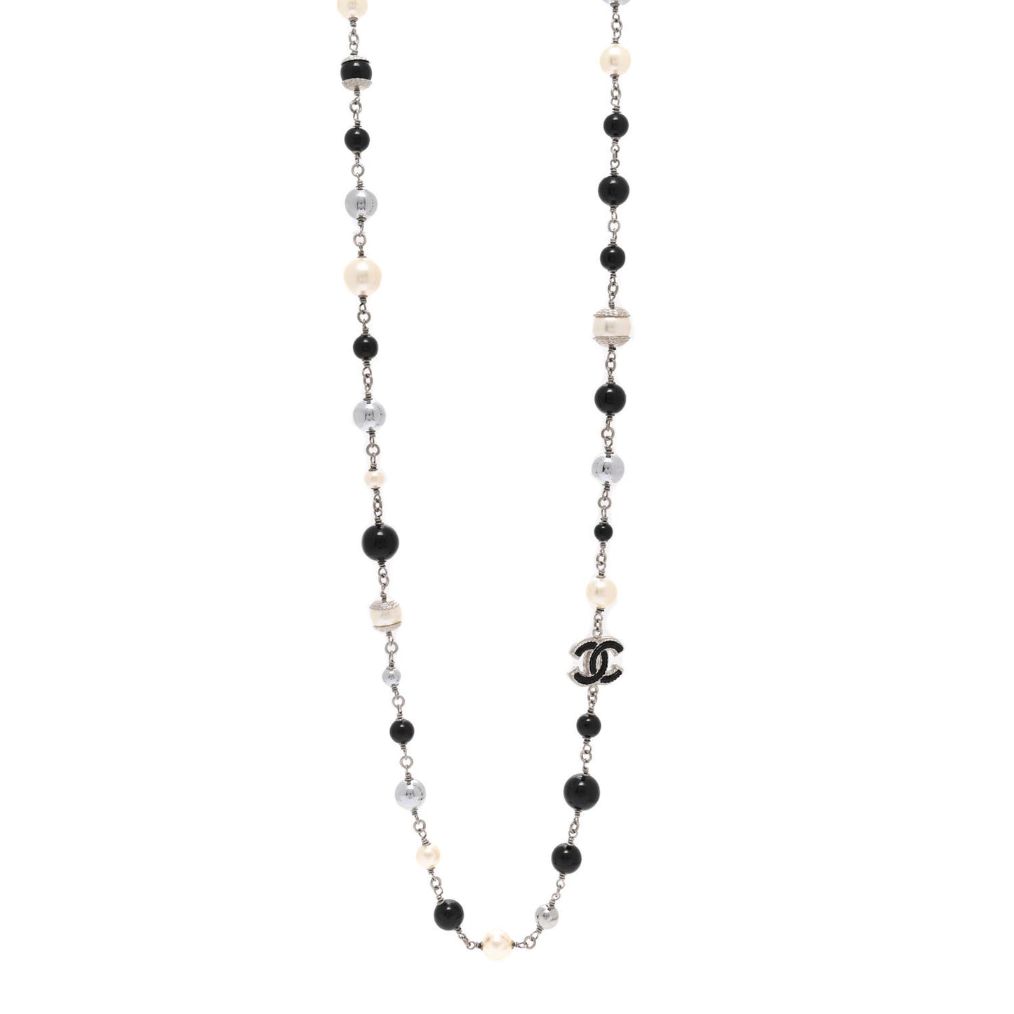 Pearl Bead Enamel CC Baroque Long Necklace Black Silver
