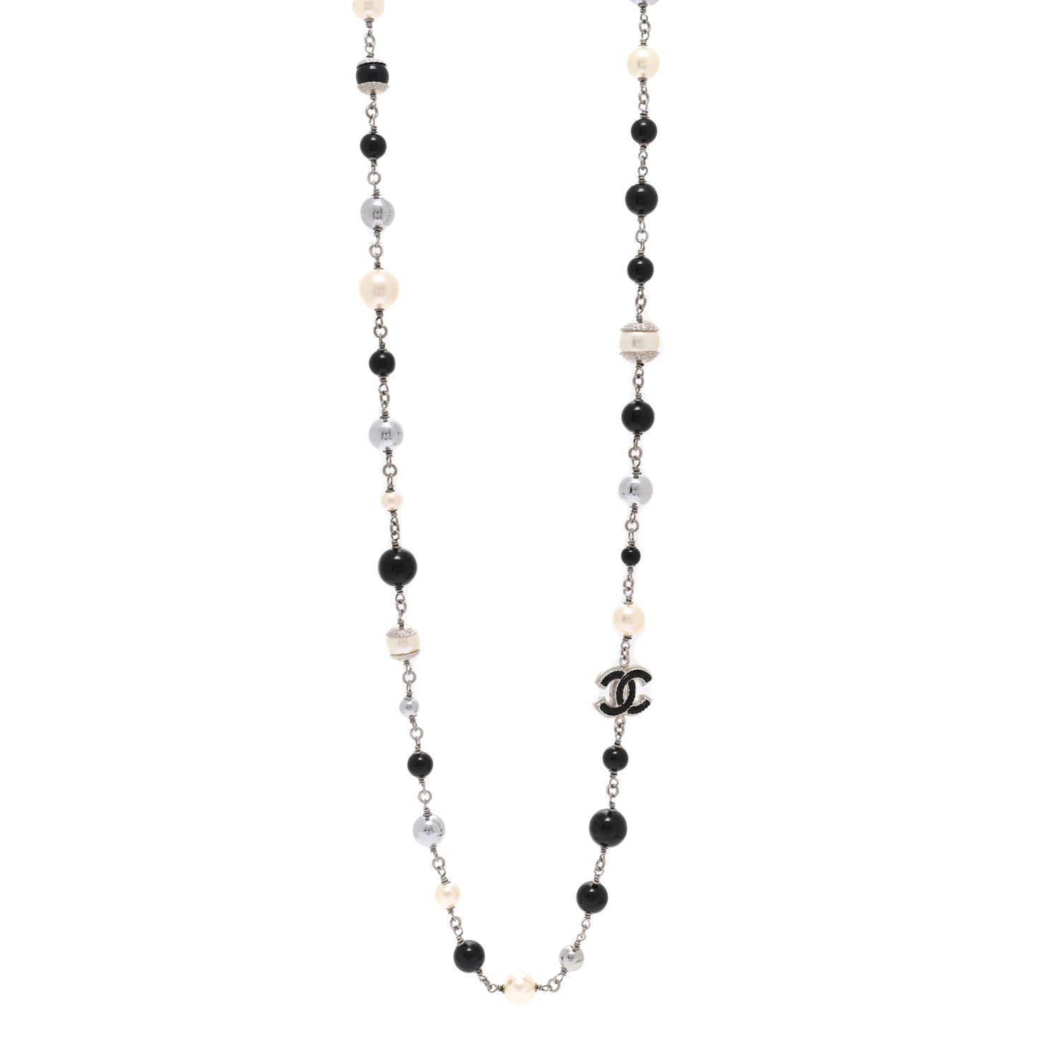 Chanel Pearl Bead Enamel CC Baroque Long Necklace Black Silver 1 of 5
