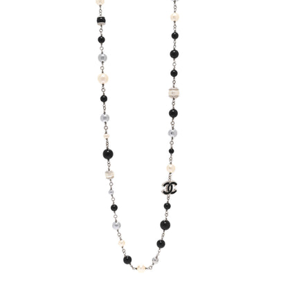 Chanel Pearl Bead Enamel CC Baroque Long Necklace Black Silver 1 of 5