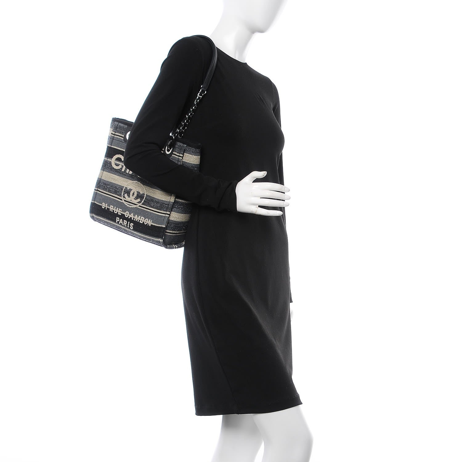 Chanel Striped Canvas Small Deauville Tote Grey Black 2 of 9