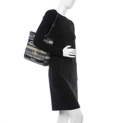 Chanel Striped Canvas Small Deauville Tote Grey Black 2 of 9