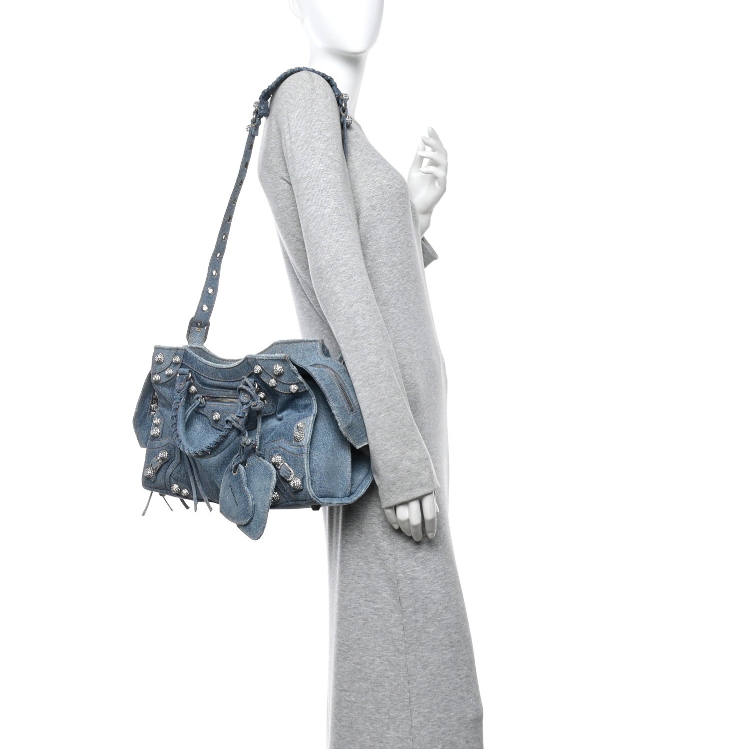 Balenciaga Washed Frayed Denim Crystal Neo Cagole City Handbag