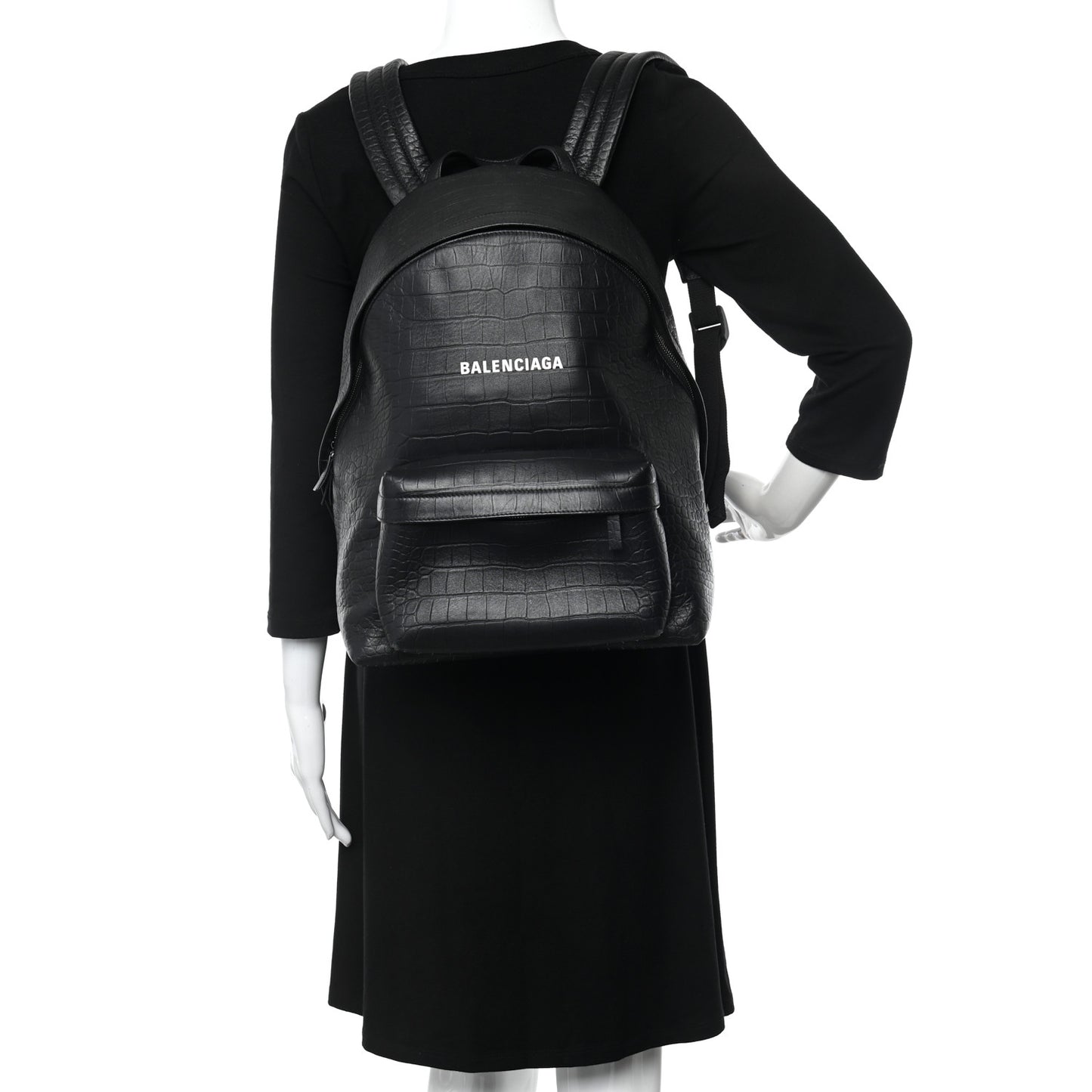 Calfskin Logo Crocodile Embossed Everyday Backpack Black