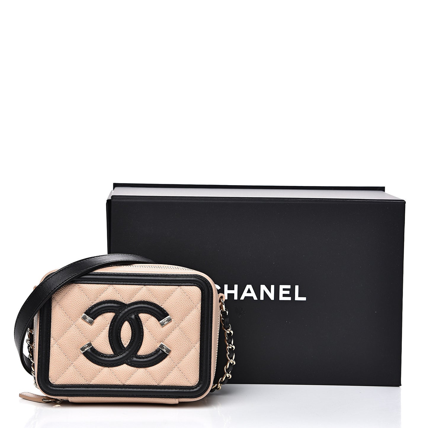 Caviar Quilted CC Filigree Vanity Clutch With Chain Beige Black
