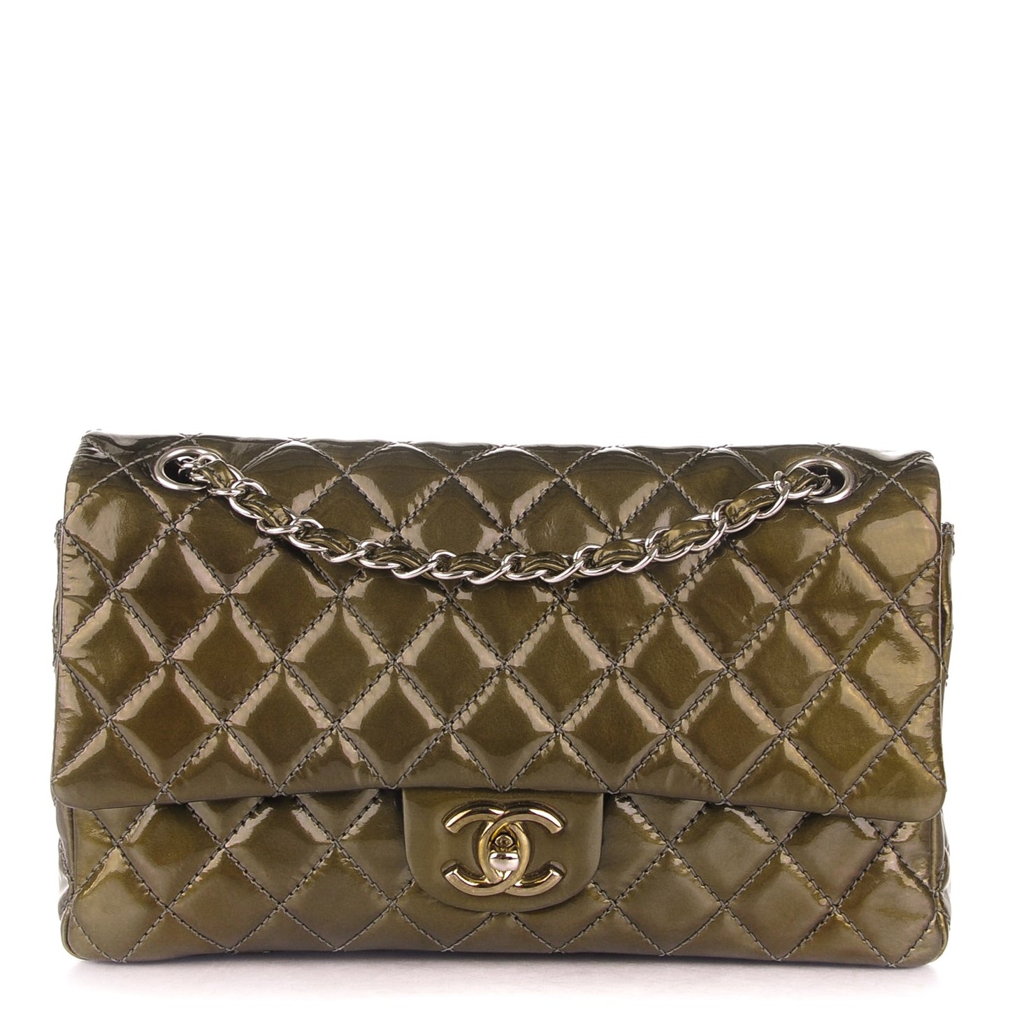 Patent Quilted Medium Double Flap Dark Green