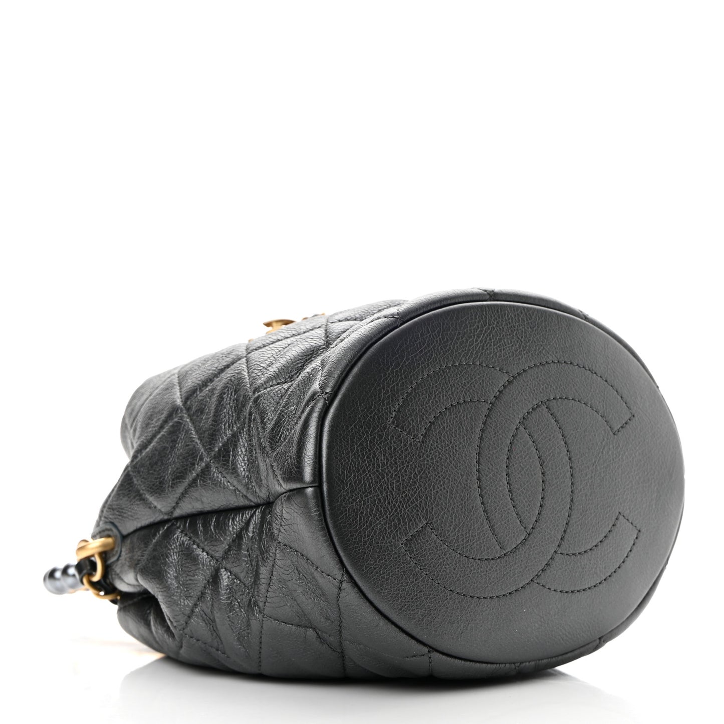 Metallic Lambskin Quilted Pearl Crown Drawstring Bag Anthracite