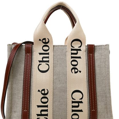 Chloe Cotton Calfskin Small Woody Ribbon Tote With Strap White Brown 9 of 12