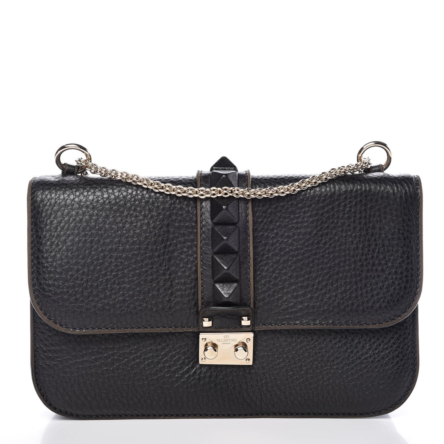 Pebbled Calfskin Medium Glam Lock Rockstud Flap Black